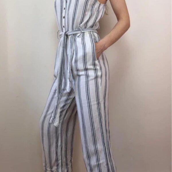 H&M womens White navy Striped Linen Summer Jumpsuit Wide Leg Capri UK6-8 beach