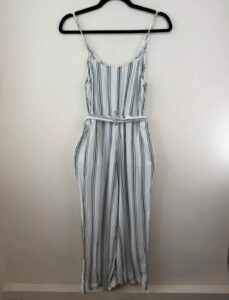 H&M womens White navy Striped Linen Summer Jumpsuit Wide Leg Capri — photo 6 of 15