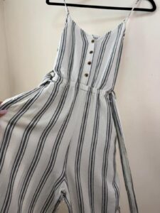 H&M womens White navy Striped Linen Summer Jumpsuit Wide Leg Capri — photo 10 of 15