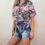 Womens Abstract Floral Sheer Button Shirt Blouse UK12-14 Cottagecore Boho Pink
