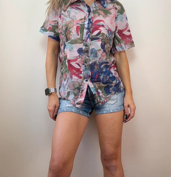 Womens Abstract Floral Sheer Button Shirt Blouse UK12-14 Cottagecore Boho Pink