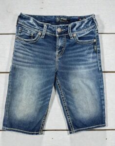 Silver womens Bermuda jeans Shorts Low Rise Capri W26L11 embroidered stitch y2k - Image 4