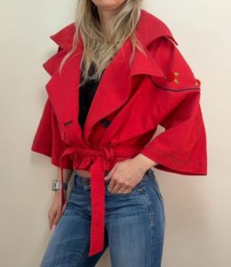 Mathilde Women's Cropped Cape Sleeve Biker Jacket Red Rose Embroidered M Y2K