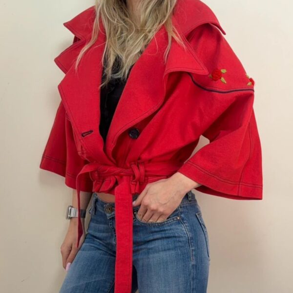 Mathilde Womens Cropped Cape Sleeve Biker Jacket Red Rose Embroidered M y2k
