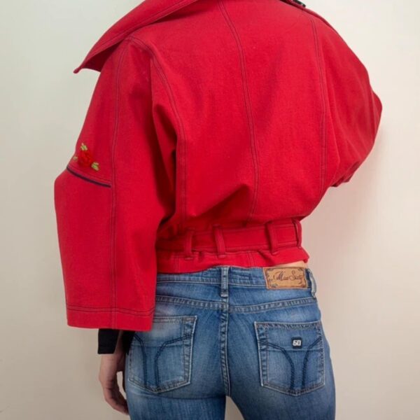 Mathilde Womens Cropped Cape Sleeve Biker Jacket Red Rose Embroidered M y2k
