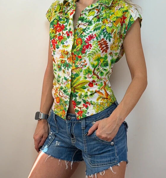 Womens Botanical Floral Fitted Button Shirt Sleeveless Top Blouse Green UK 12-14