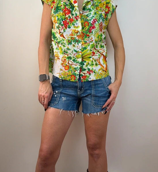 Womens Botanical Floral Fitted Button Shirt Sleeveless Top Blouse Green UK 12-14
