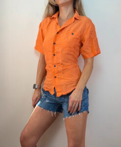 Notorius Womens Neon Orange 100% silk Short Sleeve Relaxed Button Shirt UK 10