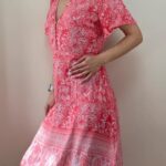 Y2K Pink Paisley Boho Mini Vneck A line Dress Beachy Floral Viscose Summer M