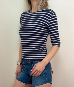 Armor-Lux womens Breton Stripe fitted Top Navy White 3/4 cuffed sleeves Tee S