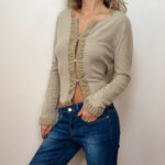 Vintage Womens Pure 100% Cashmere Beige Velvet Button Cardigan UK10-12 Beaded