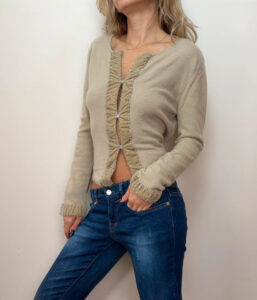 Vintage Womens Pure 100% Cashmere Beige Velvet Button Cardigan UK10-12 Beaded