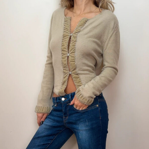 Vintage Womens Pure 100% Cashmere Beige Velvet Button Cardigan UK10-12 Beaded