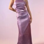 DP Liquid Metal Wet Strapless Maxi Fitted Dress Lilac Rose Evening Gown uk12