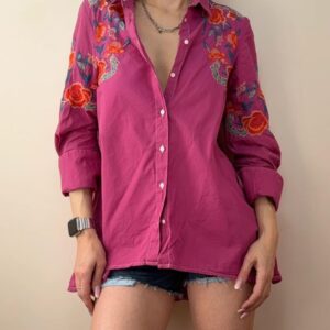 Y2K 00s womens pink embroidered floral button shirt S flare A line tunic boho
