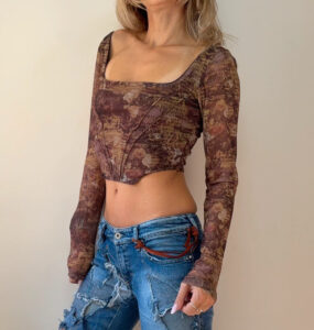 ASOS Renaissance womens Mesh Corset Crop Top Brown Print