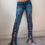 Miss Sixty womens Custom Lace Up Rhinestone Flare Jeans Low Rise UK8-10 W28 y2k