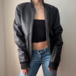 del topman Men Black Leather Bomber Jacket Zip Up flap pockets S grunge biker casual