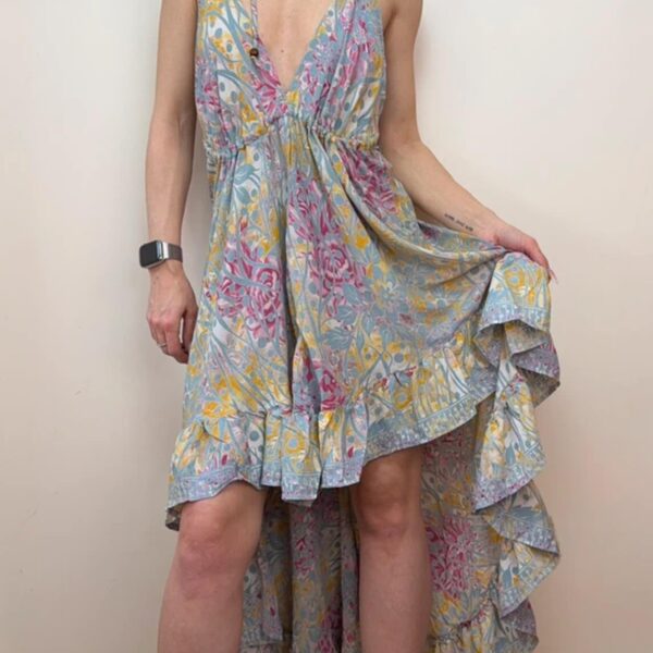 Moda Ibiza Silk Handkerchief Maxi Dress Ruffle open back S-XL Fairycore Summer