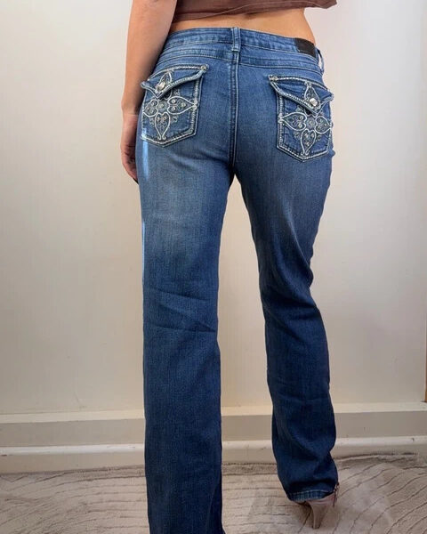 Earl Jeans Womens Low 9” Rise W31 L31 UK10 Embellished Chunky Rhinestone Bootcut