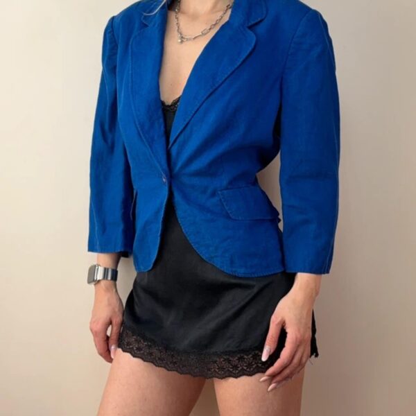 CC womens Y2K cobalt blue 100% linen blazer tailored fitted jacket uk14 coastal