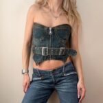 I.AM.GIA women fitted denim corset zip top buckle belt bustier M uk12 sweetheart