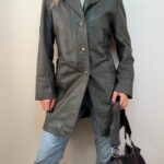 Illusion Vintage 90s Olive Green Genuine Leather Longline Fitted Blazer Coat UK 12-14