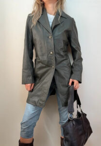 Illusion Vintage 90s Olive Green Genuine Leather Longline Fitted Blazer Coat