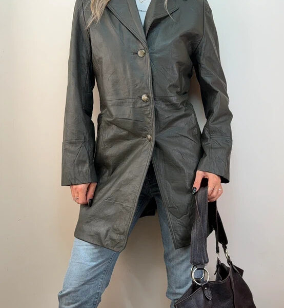 Illusion Vintage 90s Olive Green Genuine Leather Longline Fitted Blazer Coat UK 12-14