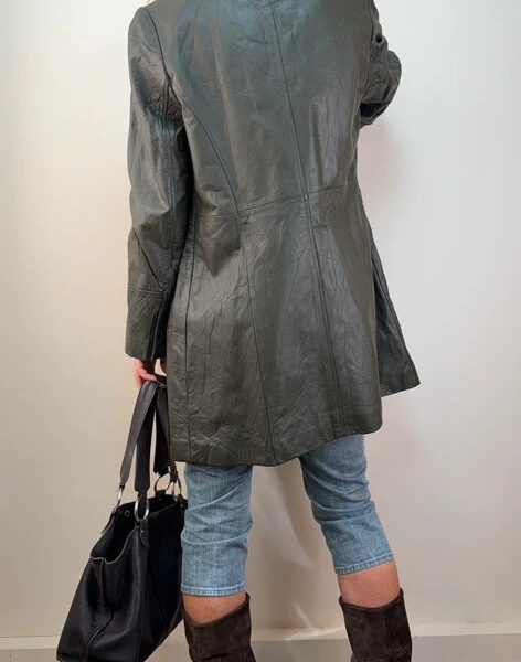 Illusion Vintage 90s Olive Green Genuine Leather Longline Fitted Blazer Coat UK 12-14