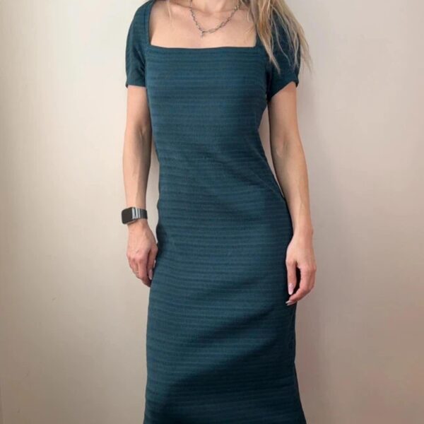 Zapa Paris teal ribbed maxi dress square neck minimalist bodycon Y2K 00s sheer S
