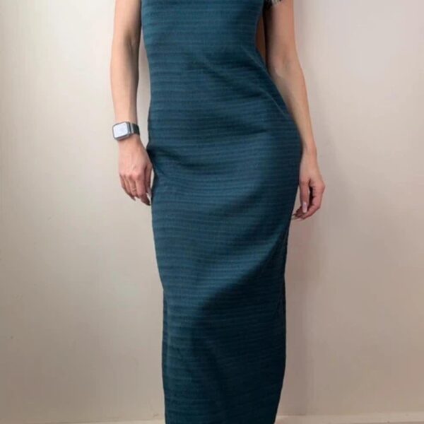 Zapa Paris teal ribbed maxi dress square neck minimalist bodycon Y2K 00s sheer S