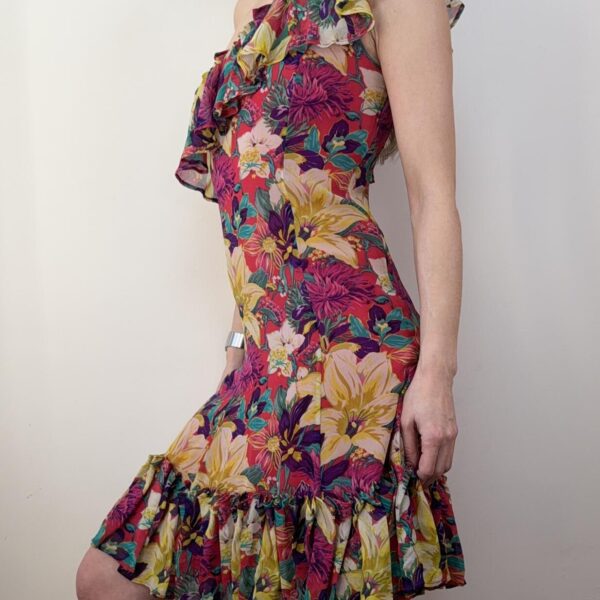 Karen Millen 100% silk off shoulder asymmetrical floral ruffle mini dress Fit&Flare S uk8 romantic