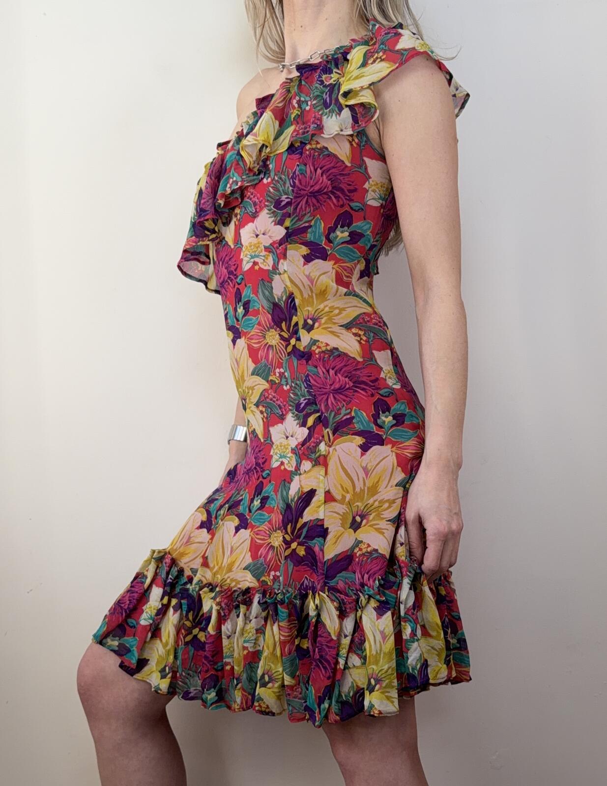 p1-4465.jpg Karen Millen 100% silk off shoulder asymmetrical floral ruffle mini dress Fit&Flare S uk8 romantic