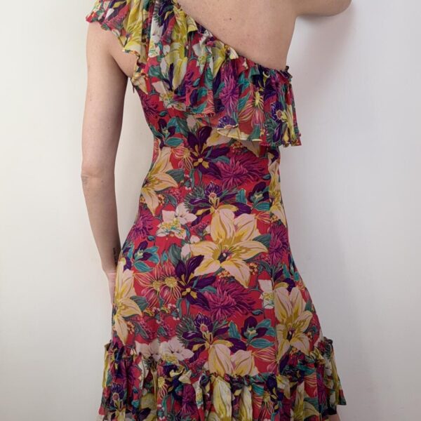 Karen Millen 100% silk off shoulder asymmetrical floral ruffle mini dress Fit&Flare S uk8 romantic