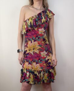 Karen Millen 100% silk off shoulder asymmetrical floral ruffle mini dress Fit&Flare S uk8 romantic — photo 3 of 15