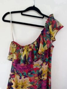 Karen Millen 100% silk off shoulder asymmetrical floral ruffle mini dress Fit&Flare S uk8 romantic — photo 8 of 15