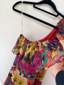 Karen Millen 100% silk off shoulder asymmetrical floral ruffle mini dress Fit&Flare S uk8 romantic — photo 9 of 15