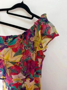 Karen Millen 100% silk off shoulder asymmetrical floral ruffle mini dress Fit&Flare S uk8 romantic — photo 11 of 15