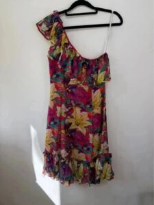 Karen Millen 100% silk off shoulder asymmetrical floral ruffle mini dress Fit&Flare S uk8 romantic — photo 12 of 15