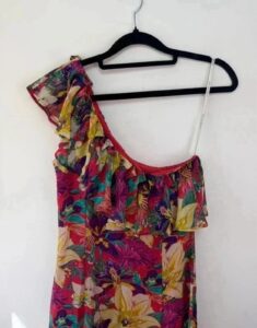 Karen Millen 100% silk off shoulder asymmetrical floral ruffle mini dress Fit&Flare S uk8 romantic — photo 13 of 15