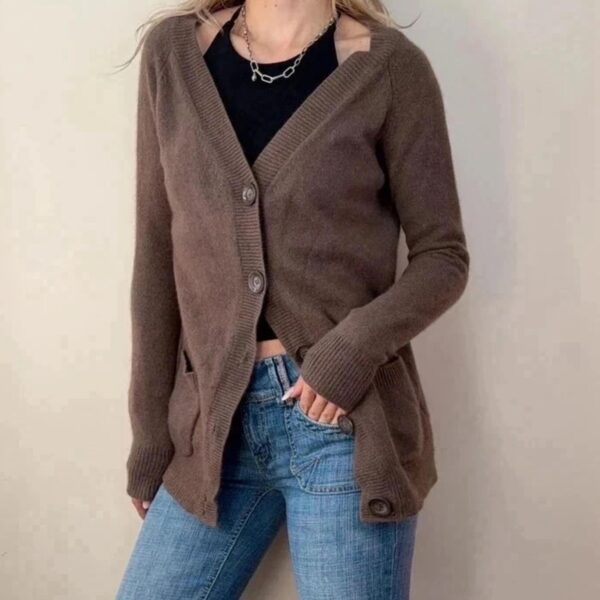 Zara womens 100% cashmere button v-neck cardigan brown soft knit M uk12 minimal