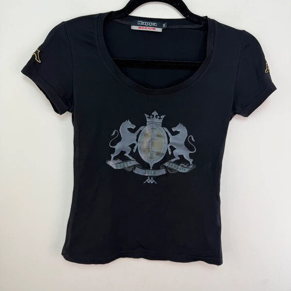 Kappa womens Italy Vintage Y2K Black Fitted Graphic Baby Tee T-Shirt UK8-10/S