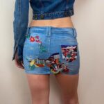 Kiss Miss denim fitted low rise mini micro skirt w29 UK8 S embroidery festival