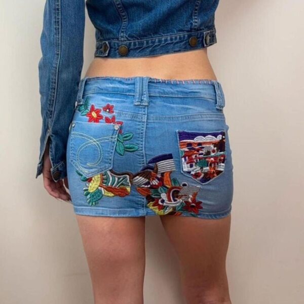 Kiss Miss denim fitted low rise mini micro skirt w29 UK8 S embroidery festival