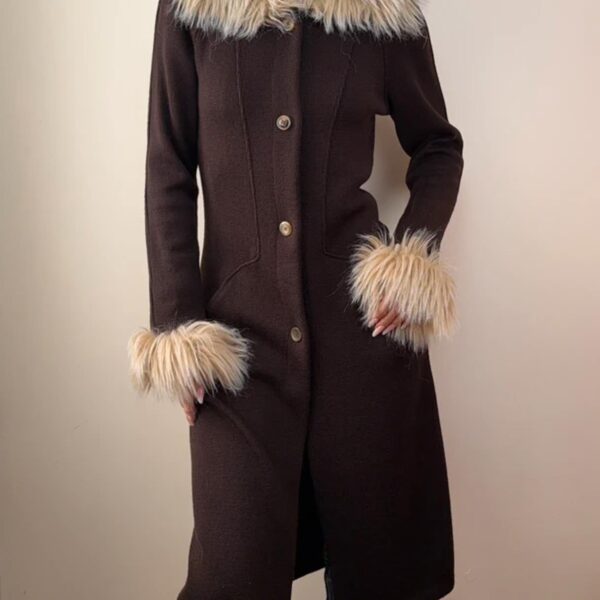 Women's Italian Y2K Faux Fur Trim Coat Brown Longline Merino Wool S 90s Vintage
