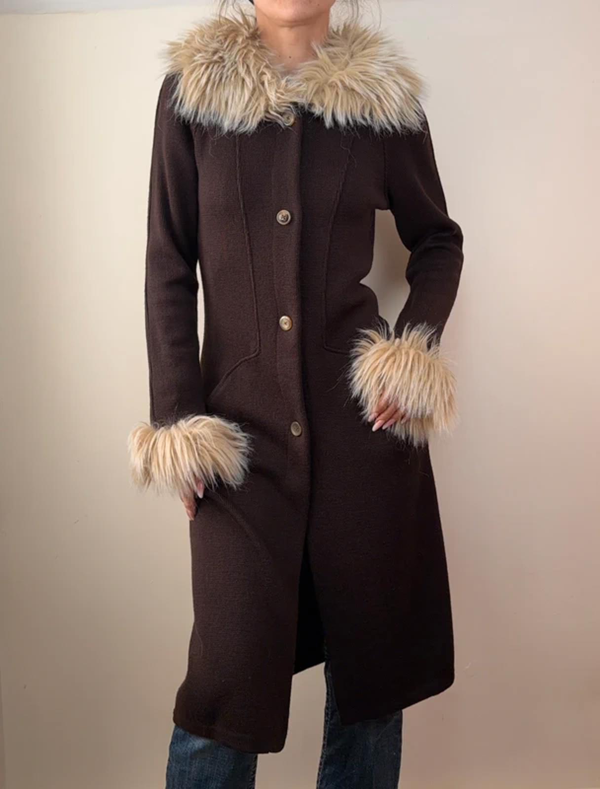 Italian Y2K brown longline merino wool coat with faux fur trim
