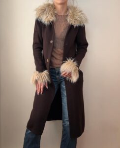Women's Italian Y2K Faux Fur Trim Coat Brown Longline Merino Wool S 90s Vintage — photo 2 of 15
