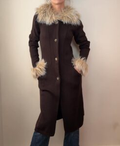 Women's Italian Y2K Faux Fur Trim Coat Brown Longline Merino Wool S 90s Vintage — photo 3 of 15