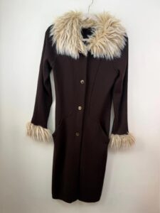 Women's Italian Y2K Faux Fur Trim Coat Brown Longline Merino Wool S 90s Vintage — photo 7 of 15